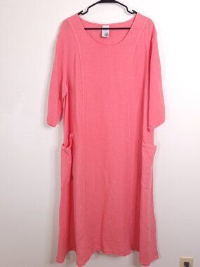 Match Point 100% Linen Coral Pink Midi Dress Slit Sleeve Pockets Lagenlook XL